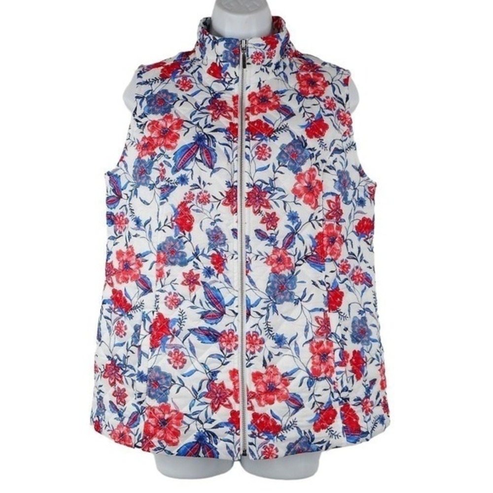 Susan Graver Weekend Womens Vest Size 8 Red Blue White Quilted‎ Floral Zip Front